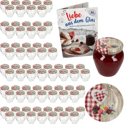 Zdjęcie produktu dla Słoiki na dżem Mambocat 212ml zestaw 75 z drewnianą pokrywką w kształcie serca z czerwonymi jagodami | DO 63 Twist Off