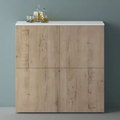 Produktbild von Mai & Mai Möbel Kommode Aufbewahrungsschrank mit 4 Türenin Weiß matt + Beton Sideboard Schrank Mehrzweckschrank BTH: 100x36,4x98cm Schrank04