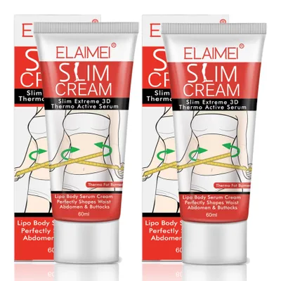 Two tubes of slimming cream are shown side-by-side with their packaging.