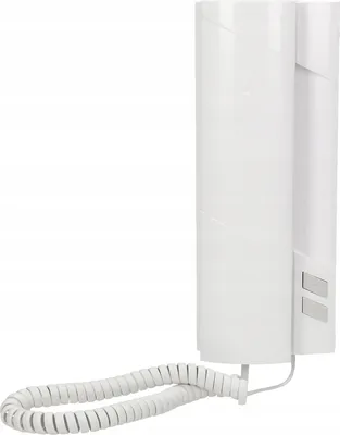 A white analog intercom handset with a coiled cord is shown against a white background.