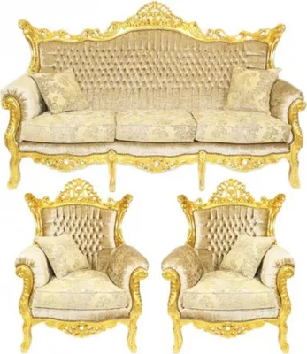 Casa Padrino Barock Sofa Set Wohnzimmer Lounge Sofa + Sessel Couch Gold