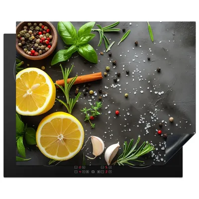 Obrázek produktu pro KitchenYeah® Kryt varné desky citron - bylinky - betonový vzhled, 65x52cm, dekorace do kuchyně, keramický kryt varné desky, krycí deska na varnou desku