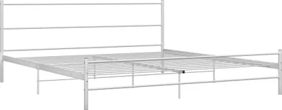 A white metal bed frame is shown against a white background.