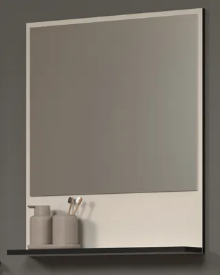 A bathroom mirror with a shelf and accessories.
