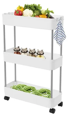 Image de Étagère étroite pour cuisine - Chariot mobile à 3 niveaux - 15 cm de large - Rangement en plastique - Chariot d'angle sur roulettes - Blanc