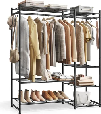 Produktbild von SONGMICS Kleiderständer, offener Kleiderschrank, Garderobenständer mit Ablagen, Metallrahmenm, für Schlafzimmer, Wohnzimmer, Eingangsbereich, schwarz