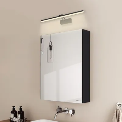 Obrázok produktu pre EMKE zrkadlová skrinka a zrkadlové svetlá, 50x65x14,5 cm 2 sklenené police Čierna kúpeľňová zrkadlová skrinka a čierne nástenné svetlá Neutrálne svetlo 4200k