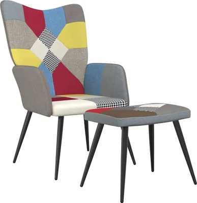 A patchwork armchair and ottoman set on a white background.