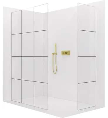 Produktbild von Duschabtrennung Walk-in Crystal T, links/rechts - 8 mm - stützrahmenlos - goldfarben, Industrieglas - 120x90x200 cm