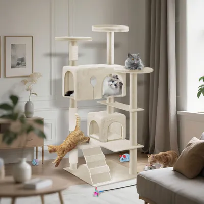 Produktbild von YZNAHRE Kratzbaum 49x49x130 cm Katzenbaum Katzenkratzbaum mit Kratzsäulen, Katzenhöhle, Plattformen, Treppe Katzenmöbel Kletterbaum für Katzen, Beige