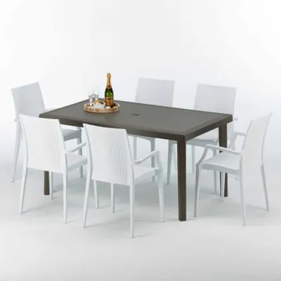 Produktbild von Polyrattan Tisch Rechteckig mit 6 Bunten Stühlen 150x90 Braun Focus