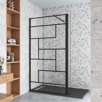 Produktbild von Schwarz Walkin Duschkabine 100x200cm unregelmäßige Form Duschwand mit 30x200cm Flipper Panel +90cm Stabilisator 8mm Nano-ESG Duschtrennwand
