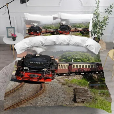 Zdjęcie produktu dla Komplet pościeli "Zug" (pociąg), rozmiar 200x200 cm, 3-częściowy, wykonany z mikrofibry, z trójwymiarowym nadrukiem przedstawiającym retro parowóz. Zamek błyskawiczny. Zawiera: jeden komplet pościeli oraz dwie poszewki na poduszki 80x80 cm