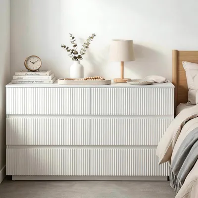 Image de Commode à 6 tiroirs ALIGHTUP, design à lamelles sans poignée, meuble de chambre, blanc, 140 x 40 x 71 cm