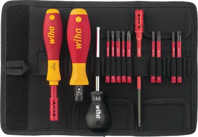 A set of screwdrivers and bits laid out in a black fabric organizer.