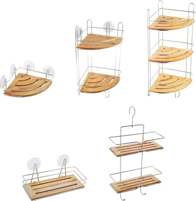 Image de Etagère de douche en métal et bambou - modèle d'angle de couleur argentée