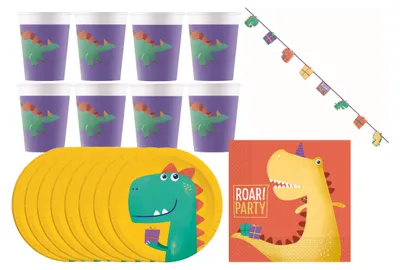 Produktbild von Dinosaurier - Kindergeburtstags-Set (37-teilig) Teller Becher Dekoration Servietten Geburtstag