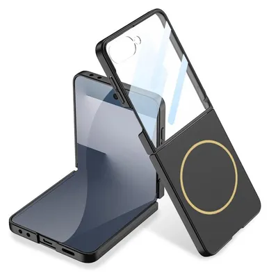 A black flip phone case is shown with the phone partially open.
