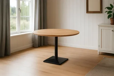 Produktbild von Bistrotisch Schweizer Kante massiv Akazie naturfarben 120 cm Säulengestell-eckig schwarz BRASILIA