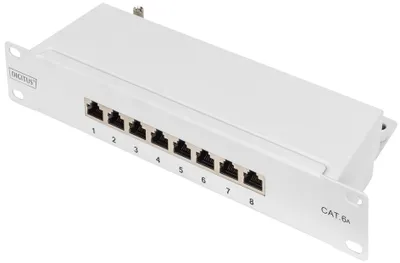 Zdjęcie produktu dla Digitus Patch panel CAT 6A, klasa E, ekranowany, czarny, 10GBase-T, 10 Gigabit Ethernet, 10000 Mbit/s, RJ-45, Cat6a, 22/26