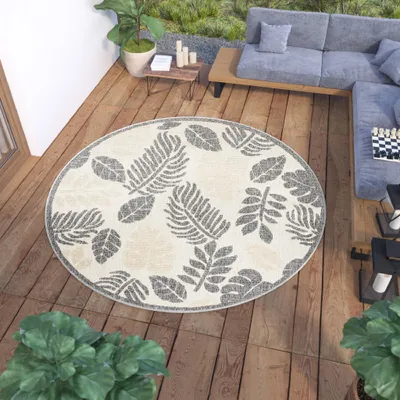 Produktbild von Teppich Rund Outdoor Indoor Wohnzimmer Schlafzimmer Modern Design Terrasse Balkon Creme Grau 160 x 160 cm