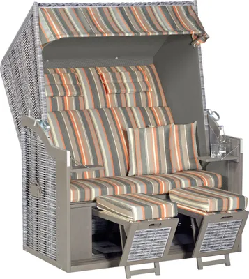 Produktbild von Rustikal 34 ZXL Strandkorb 2-Sitzer XL Halblieger Ostseeform zum Selbstaufbau, Geflecht onix, Strukturpolyester grau-hellgrau-terracotta gestreift, Pinienholz grau lasiert, ca. 140x80x160 cm