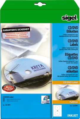 Produktbild von SIGEL LA501 CD-/DVD-Etiketten, weiß, spezialbeschichtet, mit Zentrierhilfe, Ø 117 mm (A4), 50 Et.=25 BL
