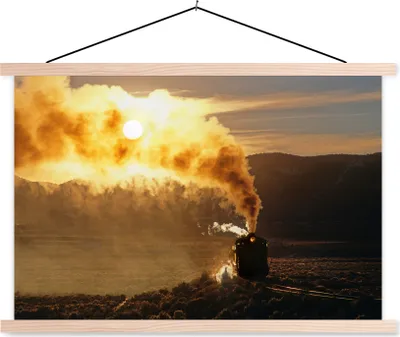 Produktbild von MuchoWow® Textilposter Ein Sonnenuntergang hinter der Dampflokomotive 60x40 cm mit holzfarbenen Rahmen - Bilder