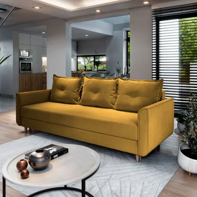 Produktbild von Sofa NAPOL Gelb Plüsch-Stoff mit Schlaffunktion, Sofa mit Bettkasten, Sofa mit Bettkasten, Wohnzimmersofa, Couch, Soffa, Bettsofa, Couchgarnitur- Gelb, KRONOS 01