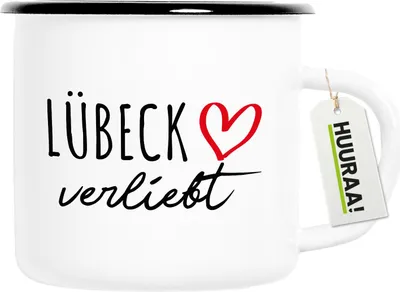 Produktbild von Huuraa Emaille Tasse Lübeck verliebt 300ml Vintage Campingbecher Geschenkidee