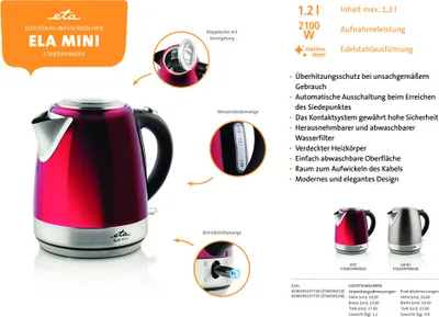 Produktbild von Wasserkocher ETA Ela Mini  Artikel Nr.: ETA859990010  Kompakt-Wasserkocher, Volumen 1,2 l, Leistungsaufnahme 2100 W.