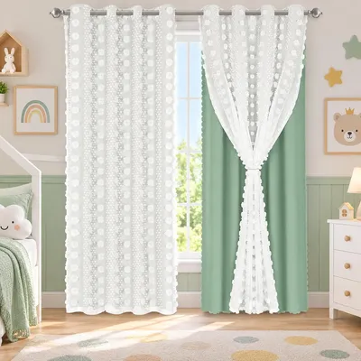 Image de 1 rideau occultant pour chambre d'enfant, rideau double épaisseur avec pompons, œillets, pour salon ou chambre, couleur verte, 132x243 cm