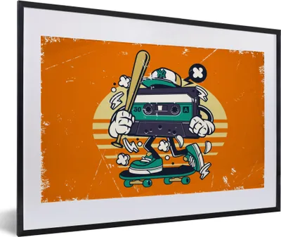 Produktbild von MuchoWow® MuchoWow® Gerahmtes Poster Kassette - Skateboard - Vintage 60x40 cm - Poster mit zchwarzem Bilderrahmen - Schlafzimmer - Plakat in Rahmen - Drucken