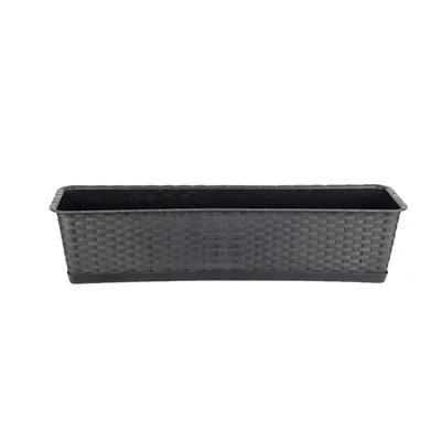 Produktbild von BigDean Blumenkasten mit Untersetzer 80 cm lang Rattan-Optik anthrazit - aus PP-Kunststoff - Balkon Pflanzkasten schmal Balkonkasten