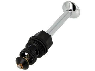 A plumbing valve component with a chrome handle and black plastic housing.