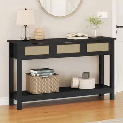 Obrázok produktu pre Úzka konzolový stolík z dreva a ratanu s 3 zásuvkami, rozmer 120 x 30 x 80 cm, farba: čierna