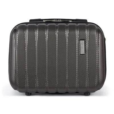 A product shot of a dark gray travel vanity case on a white background.