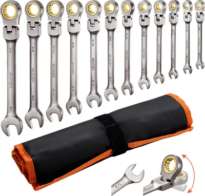 Image de Jeu de clés à cliquet à tête flexible VEVOR, 12 pièces, SAE 72 dents, jeu de clés à cliquet en acier Cr-V avec sac de rangement, clés à fourche pour les réparations domestiques et automobiles, nickel gris