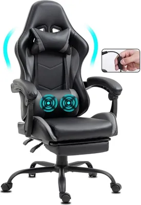 Produktbild von GEMANI Bürostuhl Gaming Stuhl Massage Gaming Sessel Ergonomischer Gamer Stuhl mit Fußstütze Kopfstütze Massage-Lendenkissen Gaming Chair Drehsessel 02-0042 Grau