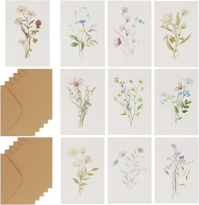 Produktbild von Wenskaarten Set, 10 Stück, Aquarellstil, mit Umschlägen, für Geburtstag