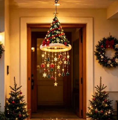 Produktbild von Beleuchtete Hängende,Hängeleuchte Weihnachtsmannmütze mit Sternförmigem Anhänger,Weihnachtsbeleuchtung Hängeleuchte Hängelampe(C)