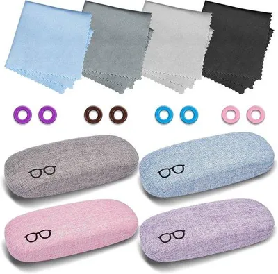 Produktbild von Set aus 4 Stücken Hartgummibrillenklemmen aus Baumwolle mit Reinigungstüchern - Tragbare Schutzhülle für Brille, Sonnenbrille und Lesesehhilfe