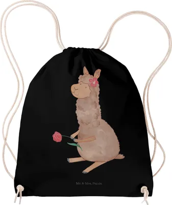 Produktbild von Mr. & Mrs. Panda Jutebeutel Alpaka Blume - Schwarz - Geschenk, Lamas, Spruch, Lama, Stoffbeutel, wander rucksack, Rucksackbeutel, Säckchen, stoff