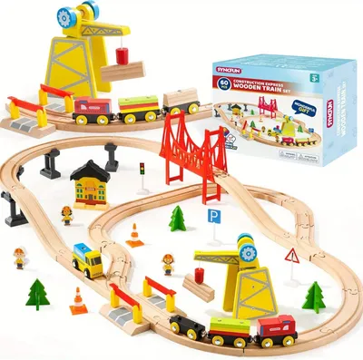Produktbild von Holzeisenbahn-Set - Baustellenzug Mit Magnetkran - 60 Teile - Für Kinder Ab 14 Jahren
