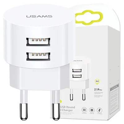 Imagen del producto de Usams. Adaptador de corriente. Red. 2XUSB T20 2.1A. Redondo (solo el adaptador). Blanco/White. Carga rápida. Modelo: CC80TC01 (US-CC080)