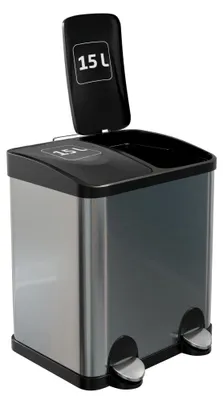 Imagen del producto de Cubo de basura doble con pedales, de 30 litros (2 x 15 litros), de acero inoxidable, para la cocina