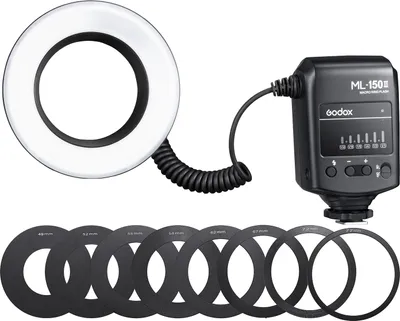 Produktbild von Godox ML-150II Universal-Makro-Ring-Blitzlicht 11 Stufen einstellbare Helligkeit GN12 Fast Recycle mit 8 Stueck Adapterringen Ersatz fuer Canon Nikon Sony DSLR-Kamera
