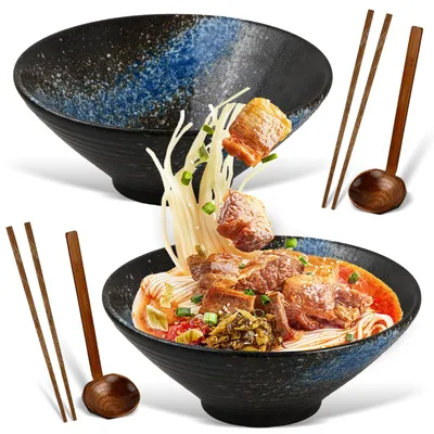 Keramik-Ramenschalen-Set, 2×1000 ml, mit Löffeln & Stäbchen