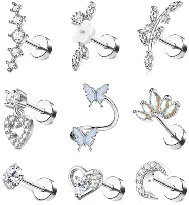 Produktbild von 9-teiliges Set aus chirurgischem Stahl für Ohrpiercings, geeignet für Frauen, speziell für den Bereich des Ohrläppchens (Tragus)
