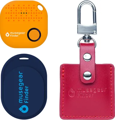 Produktbild von musegear® Essentials: Schlüsselfinder mit Bluetooth App aus Deutschland I Special Bundle: Finder Mini dunkelblau, Finder 2 orange, Finder 2 in Ledertasche Bordeaux I Maximaler Datenschutz
